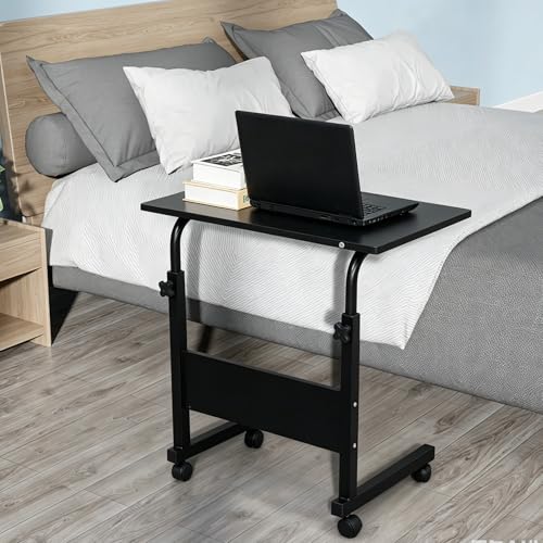 Sofa Side Table C Shaped End Table with Wheels, Rolling Bedside Laptop Table Snack Table TV Tray, Height Adjustable, Wooden Top & Metal Frame - color: Black, 23.6"