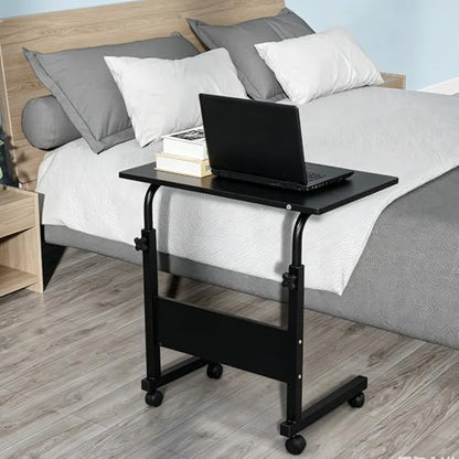 Sofa Side Table C Shaped End Table with Wheels, Rolling Bedside Laptop Table Snack Table TV Tray, Height Adjustable, Wooden Top & Metal Frame - color: Black, 23.6"