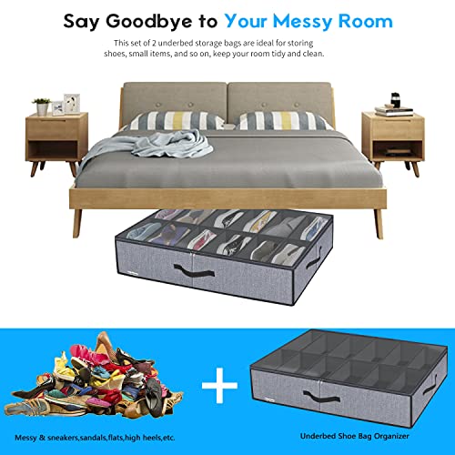 Onlyeasy Large Under Bed Shoe Organizer (6 to 12 Pairs x 2) - Underbed Shoes Closet Storage Solution with Metal Zipper and 2 Handles, Breathable, 29.3"x23.6"x5.9", Linen-like Grey, MXDUBSB2P - color: 2 Shoes (12+12 Cells) Linen-like Grey