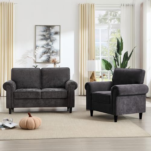 Loveseat 2 Seater Couch with Chair, Mid Century Modern Chenille Sofa Set with Rolled Arms and Deep Seats, Fluffy Comfort for Living Room, Apartment, Easy Assembly, Grey - color: Grey, size: Chenille Loveseat + Chair