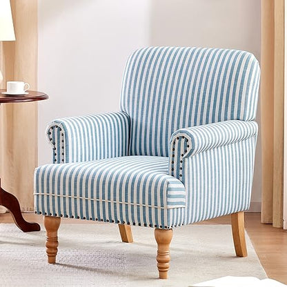 HUIMO Linen Fabric Accent Chair, Mid-Century Modern Armchair with Solid Wood Legs, Single Sofa Chair,Upholstered Reading Club Chair (1, Blue and White Stripe) - color: Blue and White Stripe