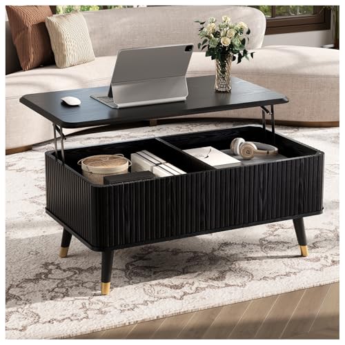SULIVES Lift Top Coffee Table with Storage,Fluted Coffee Table with Lifting Top,Mid Century Modern Center Table with Solid Wood Legs,Small Coffee Tables for Living Room,Black - color: Black_rectangular