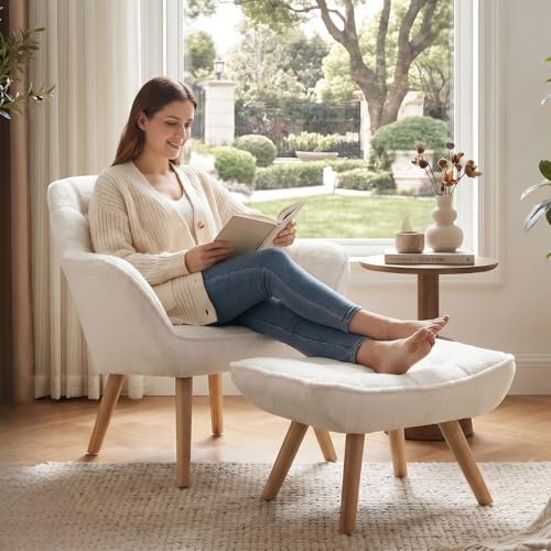 White Sherpa Accent Chair with Ottoman ，Modern Reading Chairs with Ottoman Set, Comfy Fuzzy Armchair Living Room Chair Lounge Chair with Wood Legs for Small Spaces Bedroom Apartment - color: White, size: Chair with Ottoman