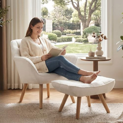 White Sherpa Accent Chair with Ottoman ，Modern Reading Chairs with Ottoman Set, Comfy Fuzzy Armchair Living Room Chair Lounge Chair with Wood Legs for Small Spaces Bedroom Apartment - color: White, size: Chair with Ottoman