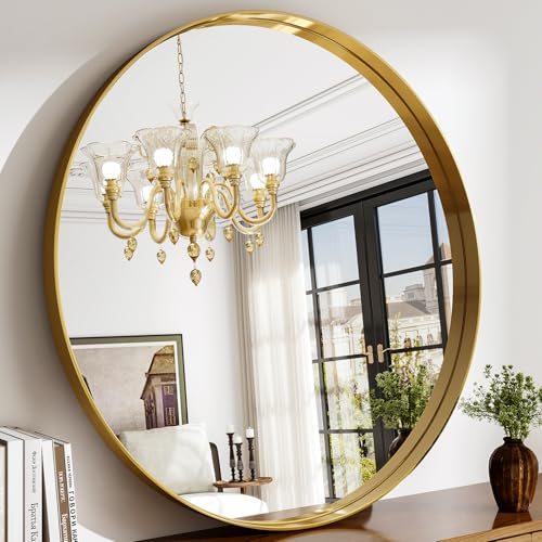 48 Inch Round Bathroom Mirror - Wall Mounted Circle Mirror with Metal Frame, Modern Mirror Suitable for Bathroom, Vanity, Entryway, Living Room, Wall Decor,Gold - color: Gold, size: 48"L x 48"W