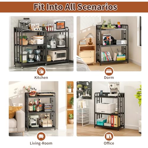 Baker's Rack with Power Outlet, 3-Tier Adjustable Microwave Cart, Black | Microwave Stand with Storage, Spice Rack，Locking Wheels, Coffee Station for Kitchen，Living Room，Coffee Bar，Office - color: Black