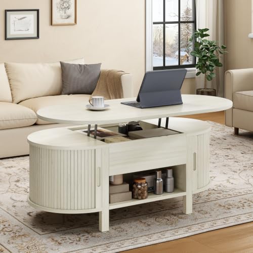 43.3" Oval Lift Top Fluted Coffee Table with Sliding Door, Natural | Mid-Century Modern Fluted Coffee Table with Lift Tabletop & Multi-Storage Spaces, Dining Table for Living Room, Home Office - color: Natural