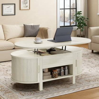 43.3" Oval Lift Top Fluted Coffee Table with Sliding Door, Natural | Mid-Century Modern Fluted Coffee Table with Lift Tabletop & Multi-Storage Spaces, Dining Table for Living Room, Home Office - color: Natural
