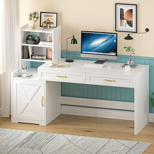 60" White Computer Desk with Drawers & Bookshelves for Bedroom, Home Office | Computer Desk with Bookcase & Drawers, Vanity Desk Writing Study Table with Storage for Bedroom, White - color: White