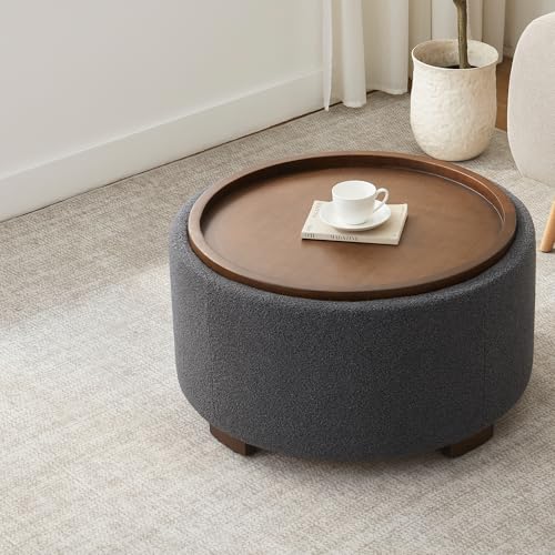 Zihanhome 30 Inch Round Storage Ottoman, Ottoman Coffee Table with Lift Off Lid, Boucle Modern Ottomans with Storage for Living Room, Bedroom, Apartments (Grey) - color: Grey