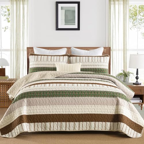 DJY Striped Quilt Set King Size, Boho Brown Green Striped Bedspread Coverlet Set Soft Microfiber Patchwork Quilt Bedding Set 3 Pieces for All Season(110"x90") - color: Brown Green, size: King