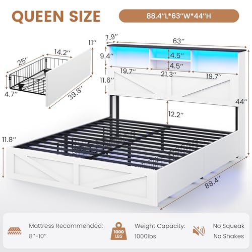 Farmhouse Bed Frame Queen Size with Bookcase Storage Headboard, Charging Station and LED Lights, Wooden Queen Bed Frame with 4 Drawers, Barn Door Design, No Box Spring Needed, No Noise, White - color: White, size: Queen