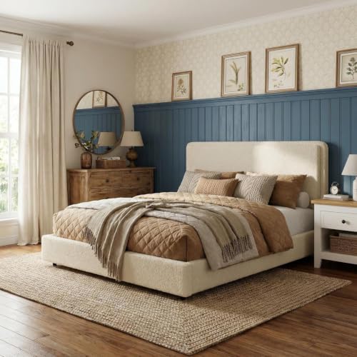 GarveeHome Bed Frame with 2 Storage Drawer, Cream Beige, King | Teddy Fleece Thick Upholstered Platform Bed Frame with Adjustable Headboard, No Box Spring Needed - size: King