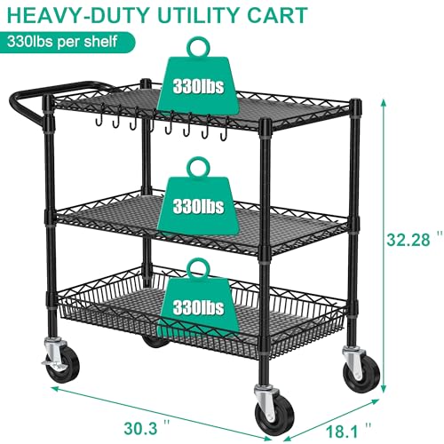 Folews Heavy Duty Rolling Cart with Wheels, 3 Tier Commercial Grade Utility Cart, Metal Storage Organizer Trolley with Handle Bar & Shelf Liner for Pantry, Laundry Room & Household Supplies, Black - style: Black