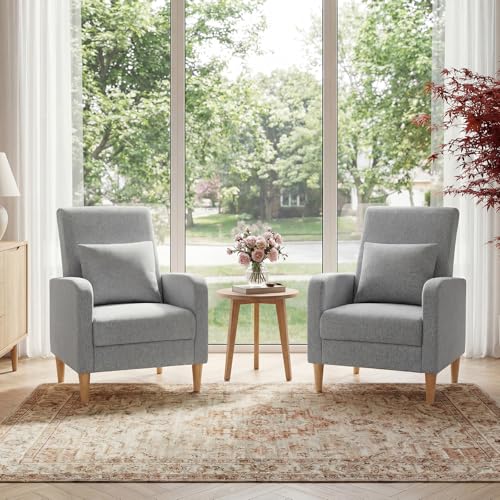 COLAMY Mid-Century Modern Accent Chairs Set of 2, Fabric Upholstered Living Room Chairs with Back Pillow & Solid Wood Legs, Comfy Armchair for Living Room, Bedroom, Single Sofa, Grey - color: Grey, size: Set of 2