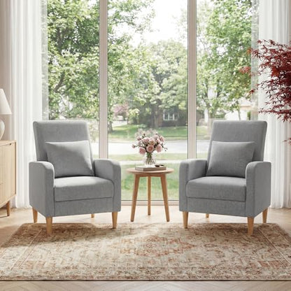 COLAMY Mid-Century Modern Accent Chairs Set of 2, Fabric Upholstered Living Room Chairs with Back Pillow & Solid Wood Legs, Comfy Armchair for Living Room, Bedroom, Single Sofa, Grey - color: Grey, size: Set of 2