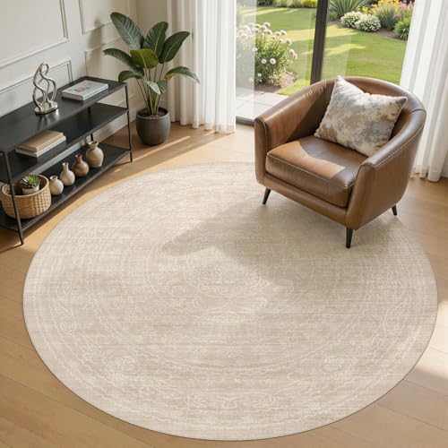Nakagishi Neutral 6x6 Round Area Rugs Living Room Washable, Beige | Pet & Kid Friendly, Non-Slip, Soft, Low-pile Carpet for Living Room/Bedroom/Dining Room/Nursery, Stain Resistant Vintage - color: Beige, size: 6' (Round)