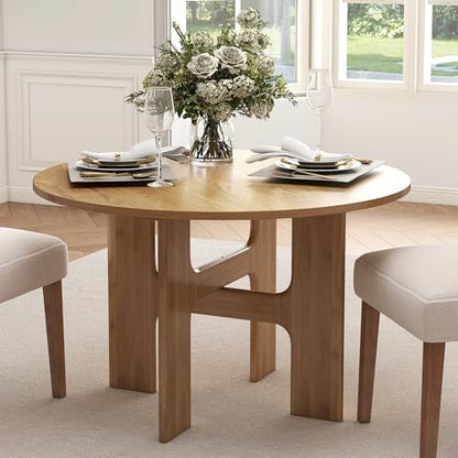 HNY Round Wood Dining Table, 47 Inch, Natural Oak | For 4-6 People, Pedestal Base, Modern Circle Design, Farmhouse Style, for Dining Room, Restaurant, Apartment