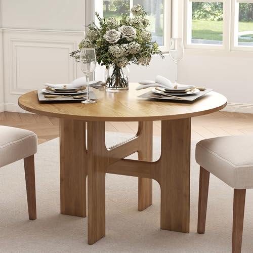 HNY Round Wood Dining Table, 47 Inch, Natural Oak | For 4-6 People, Pedestal Base, Modern Circle Design, Farmhouse Style, for Dining Room, Restaurant, Apartment