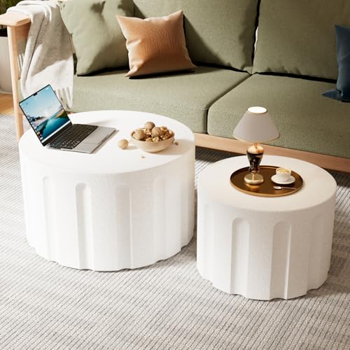 Round Nesting Coffee Table Set of 2 Modern Wood Circle Coffee Table (White) | Fluted Coffee And End Table Set Drum Accent Table for Living Room Small Apartment No Assembly Required - color: White