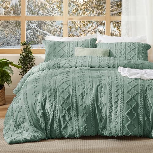 Bedsure Tufted Boho Comforter Set Twin Size - Green Boho Bed Set, GentleSoft™ 2 Pieces Farmhouse-Style Embroidery Bedding, Gifts for Woman, Soft Jacquard Kids' Twin Comforter for All Seasons - color: 14 - Green - Elegant, size: Twin/Twin XL