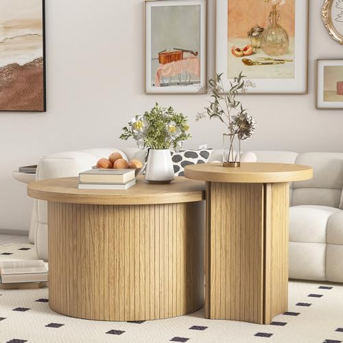 Mxtxmy Round Nesting Coffee Table Set of 2,Coffee Tables for Living Room | Round Coffee Tables with Wood Finish,Stackable Coffee Table Set,Rustic Sofa Side Table,Living Room Bedroom (Large Size) - color: Large Size