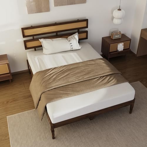 VINGLI Solid Wood Full Size Rattan Bed Frame with Headboard, Boho Platform Panel Bed,Brown - size: Full