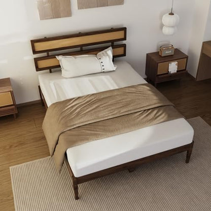 VINGLI Solid Wood Full Size Rattan Bed Frame with Headboard, Boho Platform Panel Bed,Brown - size: Full