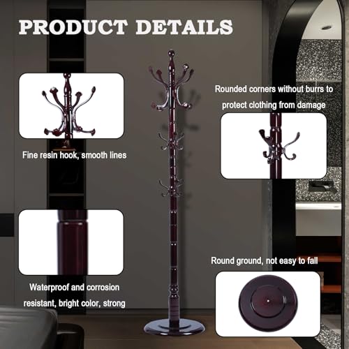 Coat Racks FreeStanding with 14 Hooks, Natural Wood Coat Rack with Solid Round Base, Adjustable Height Coat Racks, Easy Assembly for Hallway, Bedroom and Office (Rosewood Ruyi Hook) - color: Rosewood Ruyi Hook