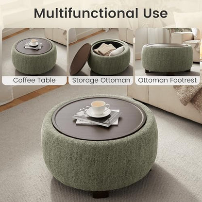 VKNOW 30" Round Storage Ottoman, Ottoman Coffee Table with Removable Wood Top and Solid Wood Legs for Living Room, Bedroom, Apartments(Green) - color: Green