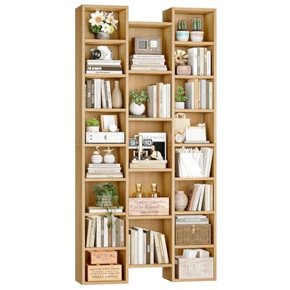FOTOSOK 71'' H Bookshelf with 21 Cubes, Triple Wide Tall Bookshelf Natural | 8 Tier Bookcase with 8 Adjustable Shelves, Large Bookshelf DVD/CD Media Tower Storage, Freestanding Display Shelf Cabinet - color: Natural