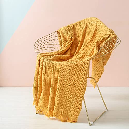 Simple&Opulence 100% Cotton Throw Blanket for Couch, Bed, Waffle Weave Knit Blanket with Tassels, Soft Lightweight Pre-Washed Breathable Cozy Blanket Farmhouse Decoration for All-Season (Gold Yellow) - color: Yellow