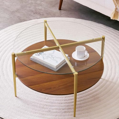 LumFurn Round Coffee Table, Mid-Century Modern Design, D30“ x H17”, for Living Room, 2-Tier Structure, Clear Glass Top and Walnut MDF Shelf, Sleek Conical Metal Legs with Gold Finish - color: D30" Clear & Walnut