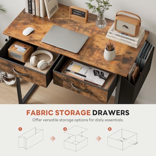 DUMOS 32" Home Office Computer Desk with Drawers, Small Gaming Writing Study Table with Storage Side Bag, Headphone Hook and Adjustable Feet for Bedroom Rustic Brown | Small Writing Desk for Home Office with Headphone Hook, Compact Study Table for Bedroom