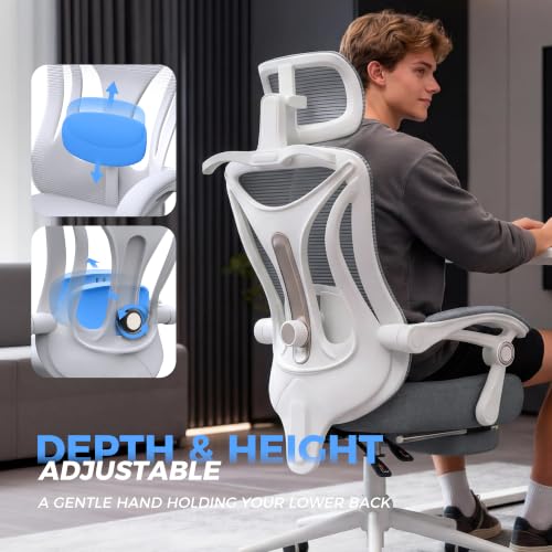CYKOV Ergonomic Office Chair, Reclining, Footrest, Adjustable Lumbar, 350LB | 4-Way Headrest (4.72" + 60°), 2-Way Lumbar (2" + 1.18"), 90-135° Recline, Breathable Mesh, Gaming & Office, 5-Year Warranty - color: W-dgrey