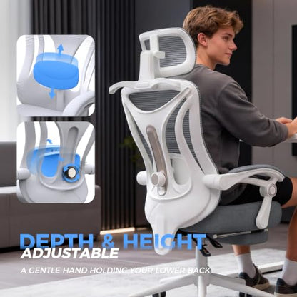 CYKOV Ergonomic Office Chair, Reclining, Footrest, Adjustable Lumbar, 350LB | 4-Way Headrest (4.72" + 60°), 2-Way Lumbar (2" + 1.18"), 90-135° Recline, Breathable Mesh, Gaming & Office, 5-Year Warranty - color: W-dgrey