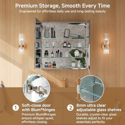 30" x 30" Bathroom Medicine Cabinet with Mirror, Recessed or Wall Mount | Medicine Cabinets with Adjustable Glass Shelves, Soft-Closed Hinge, Chrome Aluminum Frame, Reverse Installation - size: 30" x 30"