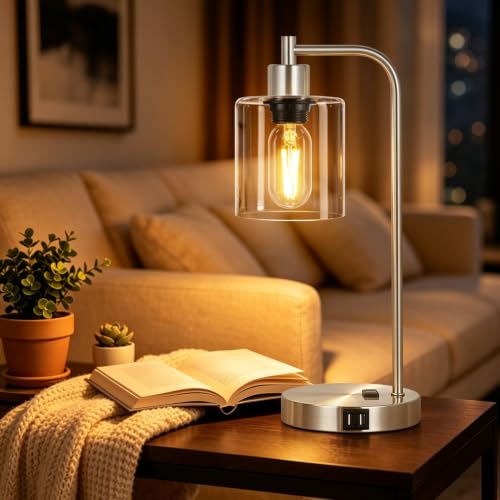 Industrial Touch Control Table Lamps Set of 2 - Brushed Nickel Nightstand Bedside Lamps with 2 USB Ports & AC Outlet, 3-Way Dimmable Desk Lamp for Bedroom Living Room, Glass Shade & LED Bulbs Included - color: Brushed Nickel(2 pack) - Clear Glass-Touch Co