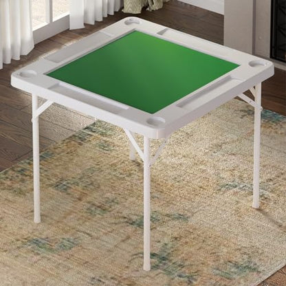 35.4" Square Folding Card Table, Mahjong Table with Green Felt，Chip Trays and Cup Holders, Portable Domino Tables for 4 Players, Card Game Tables for Mahjong Poker Domino Game - color: White