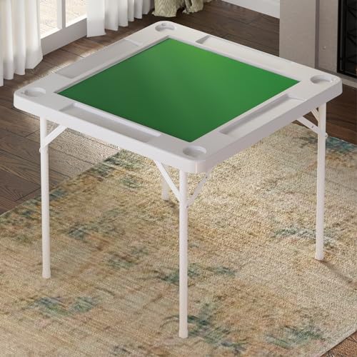 35.4" Square Folding Card Table, Mahjong Table with Green Felt，Chip Trays and Cup Holders, Portable Domino Tables for 4 Players, Card Game Tables for Mahjong Poker Domino Game - color: White