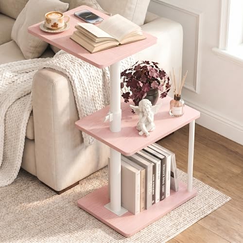 Faesun Swivel Side Table for Couch Arm, Adjustable C End Table for Recliner or Bed, Tv Trays with Storage Shelf for Small Spaces Small Nightstand Table for Living Room, Bedroom，Pink - color: Pink, size: Standard