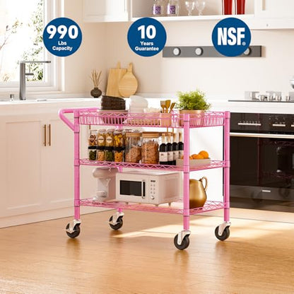 Pink Rolling Utility Cart with Wheels, 990Lbs Heavy Duty Metal Cart with Handle & Shelf Liners, NSF Certified 3-Tier Storage Trolley for Esthetician, Kitchen, Salon & Craft Room, Pink - color: Pink-3 Tier