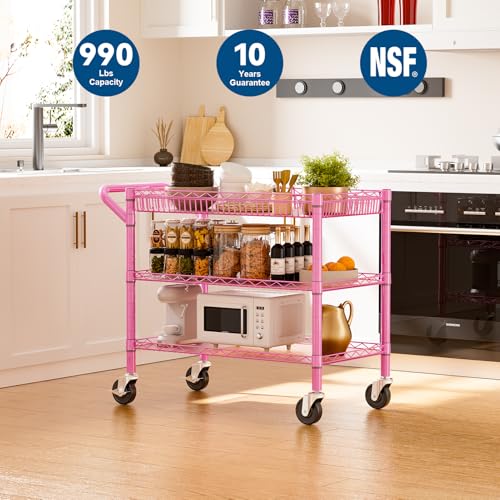 Pink Rolling Utility Cart with Wheels, 990Lbs Heavy Duty Metal Cart with Handle & Shelf Liners, NSF Certified 3-Tier Storage Trolley for Esthetician, Kitchen, Salon & Craft Room, Pink - color: Pink-3 Tier