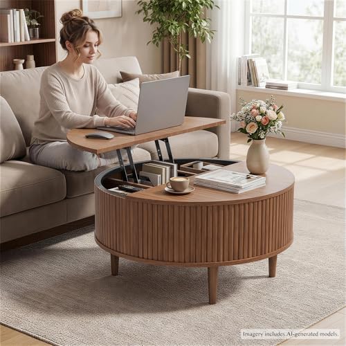 31.5" Round Coffee Table with Lifting Top, Storage for Living Room, Walnut | Fluted Center Table, Mid Century Modern Design for Home Office and Small Space with 4 Hidden Compartments - color: Walnut