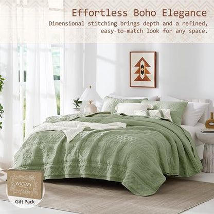 WDCOZY Boho Sage Green Twin Quilt Size Bedding Sets with 1 Pillow Sham, Farmhouse Lightweight Soft Bedspread Coverlet for All Season, 2 Pieces, 68x90 inches - color: Boho-green, size: Twin
