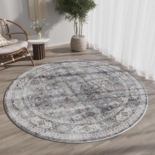 Rugcomf Round Rug 4ft Washable Circle Rug Non Slip Low Pile Boho Small Circular Rug for Bedroom, Bathroom, Entryway, Kids Room, Office, College Dorm(Grey) - color: Grey, size: 4' (Round)