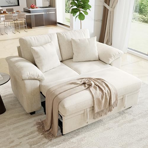 61” Pull Out Couch, 2 in 1 Sleeper Sofa Bed with Throw Pillow, Convertible Small Loveseat Sleeper Couch for Living Room, Bedroom, Apartment (Beige) - color: Beige, size: 2 Seat Sleeper