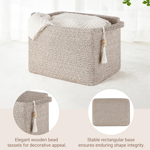 Mkono Woven Storage Basket, Cube Cotton Rope Basket for Shelves, 13"x10"x9" | Organizes Shoes Clothes Toys Towels Books, Gift Basket, Wooden Beads Tassel, Rectangle Bin, Fits Entryway Bedroom Living Room - color: Brown