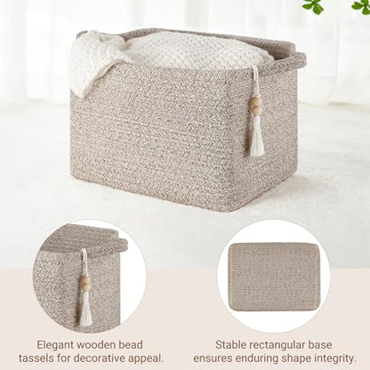 Mkono Woven Storage Basket, Cube Cotton Rope Basket for Shelves, 13"x10"x9" | Organizes Shoes Clothes Toys Towels Books, Gift Basket, Wooden Beads Tassel, Rectangle Bin, Fits Entryway Bedroom Living Room - color: Brown