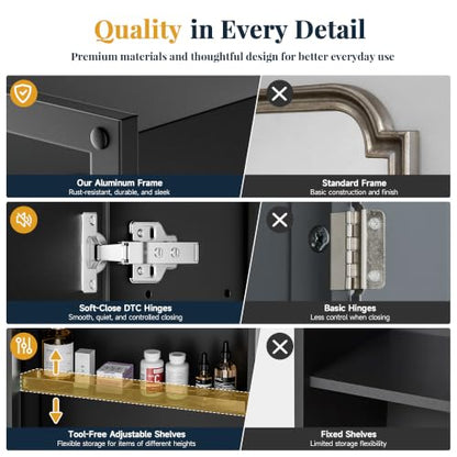 16x20 Medicine Cabinet with Mirror, Black Aluminum, Pre-Assembled | Bathroom mirror with storage, 3 adjustable acrylic shelves, Tempered Glass Mirror - size: 16" x 20"
